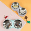 Macaron Color Stainless Steel Pet Bowls Double Dog Cat Feeder with Leather Texture Finish Non-Slip Food Water Bowl Set
