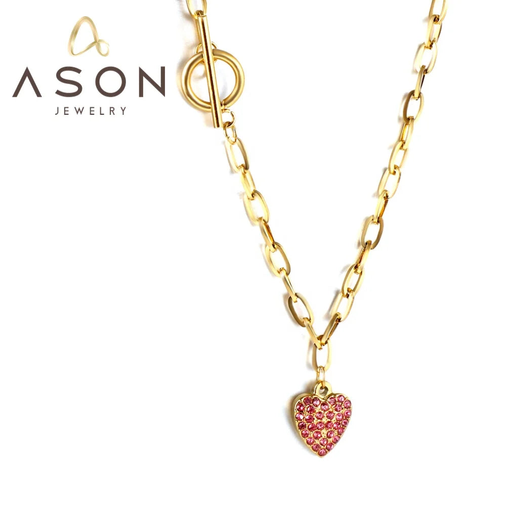Ason Jewelry Fashion Heart Shaped Rose Diamond Pendant Necklace Waterproof Stainless Steel OT Buckle Chain Necklace