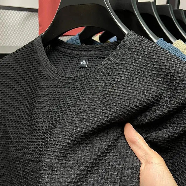 Men's Short-sleeved Round Neck T Shirt Summer 3D Texture Tshirt Stretch Bamboo Mesh Ice Silk T-shirt
