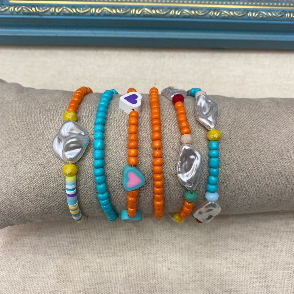 Fashion Bohemian Beach Style Trendy White Shell Love Rice Bead Baroque Freshwater Pearl Bracelet for Women Gift