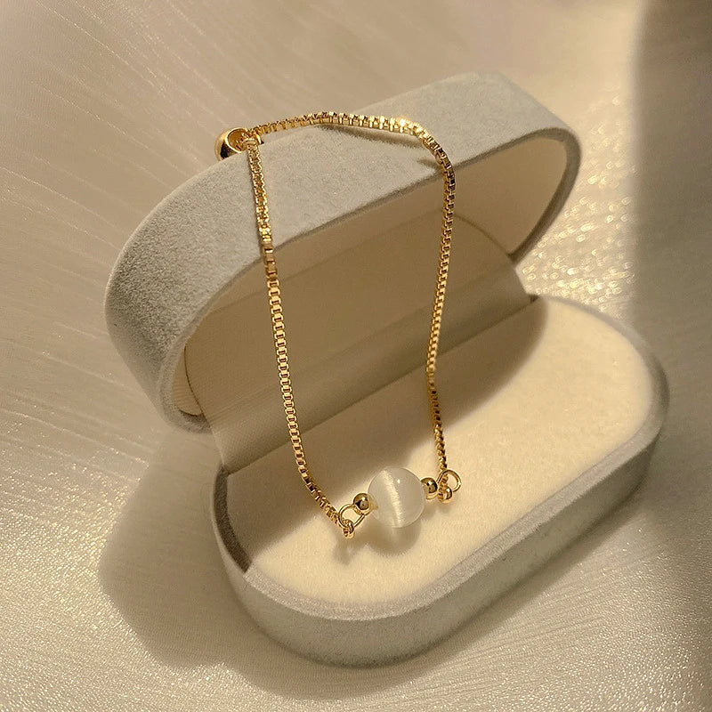 Fashion Trendy 14K Real Gold Plated Opal Round Ball Bracelet for Women Girl Jewelry Zircon Weddings Birthday Party Fine Gift