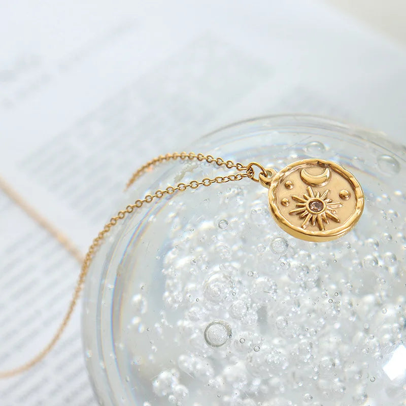 Joolim Jewelry 18K Gold Plated Sun Burst Moon Zirconia Coin Pendant O-Shape Chain Stainless Steel Necklace for Women