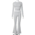 S-XL Women's 2 Piece Lounge Sets Fold-over Flare Pants Set Long Sleeve Cropped Top Casual Outfits Pajamas
