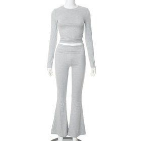 S-XL Women's 2 Piece Lounge Sets Fold-over Flare Pants Set Long Sleeve Cropped Top Casual Outfits Pajamas