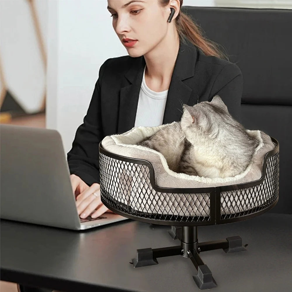 Solid Pattern Metal Elevated Cat Desk Bed with Thickened Donut Design Rubber Suction Feet Protected Desktop