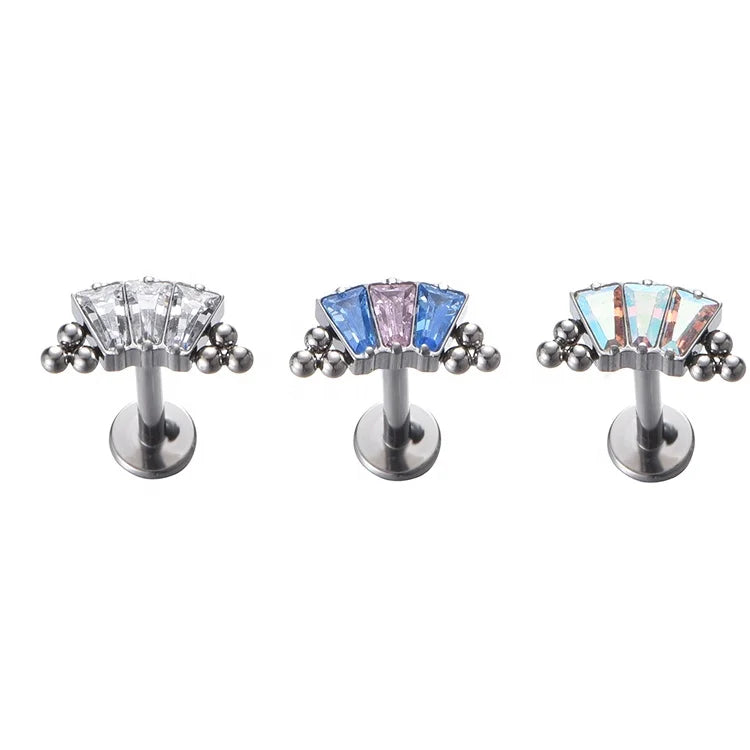 Fuxuan ASTM F136 Titanium 3 Rectangle Zircon with Trio Beads on Side Labret Piercing