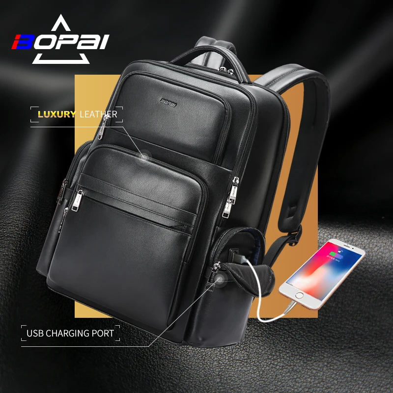BOPAI Business Large Capacity 15.6 Inch Laptop USB Charging Custom Logo Men Luxury Travel Genuine Leather Backpack