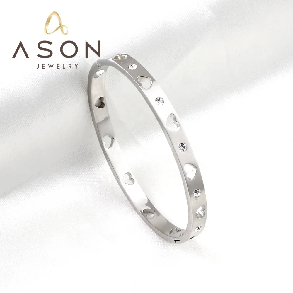 Ason New Fashion Customized Jewelry Stainless Steel Bracelet Heart-shaped Hollow Hard Bracelet