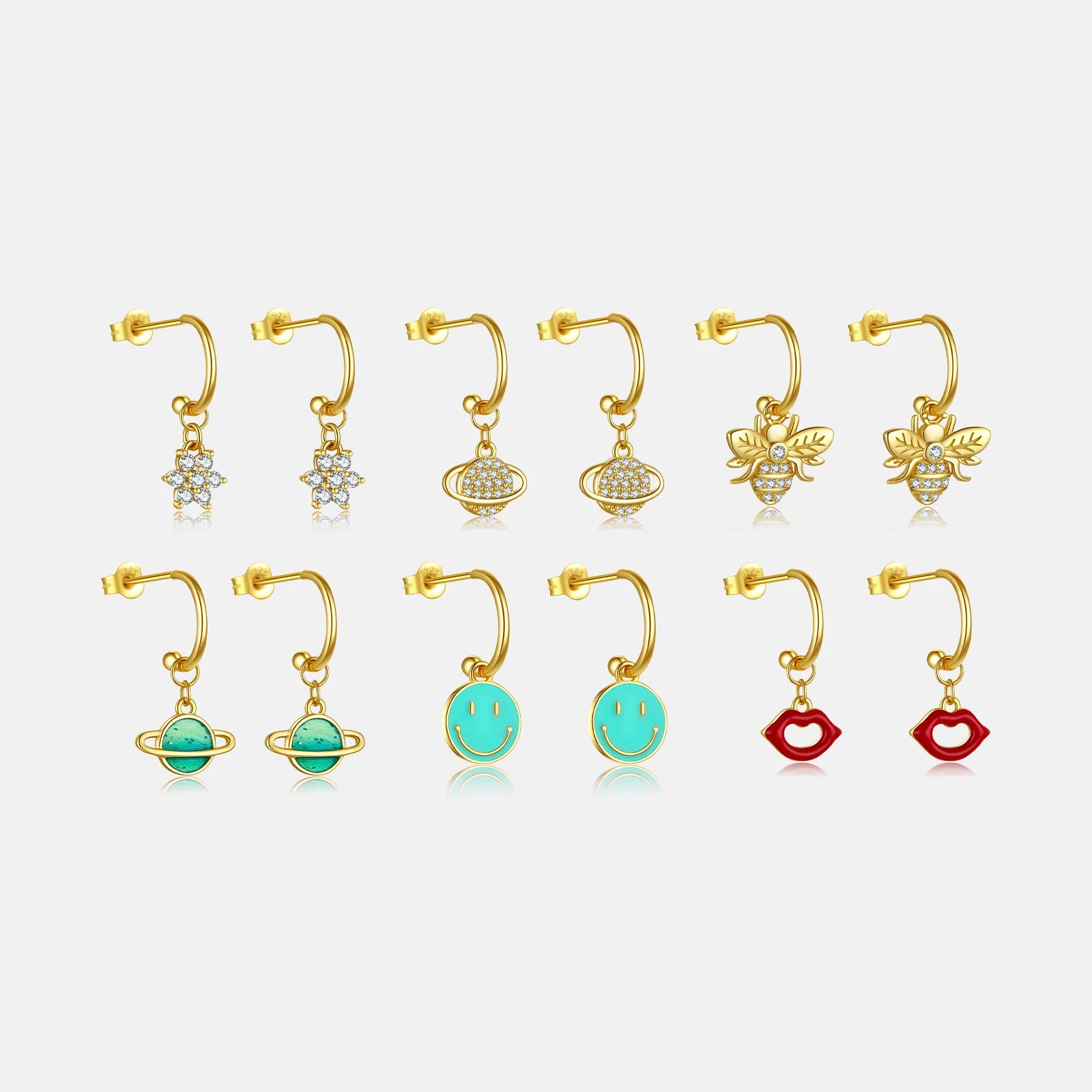 FUAMAY 925 Sterling Silver 18K Gold Plated Bee Planet Lips Flowers Drop Earrings Enamel Earrings With Zircon
