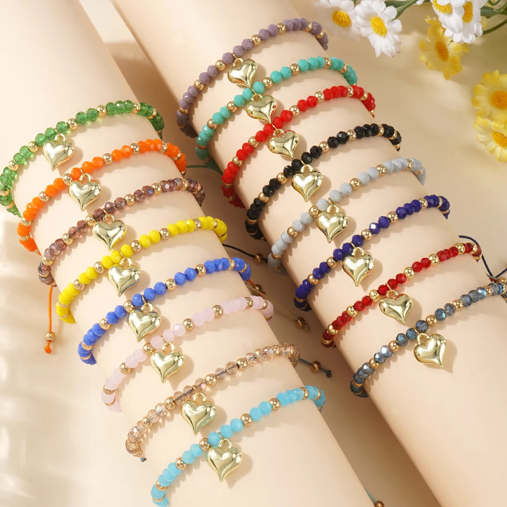Go2boho Handmade Crystal Beaded Bracelet With Gold Plated Heart Charm Adjustable Jewelry for Women Valentine's Day Gift