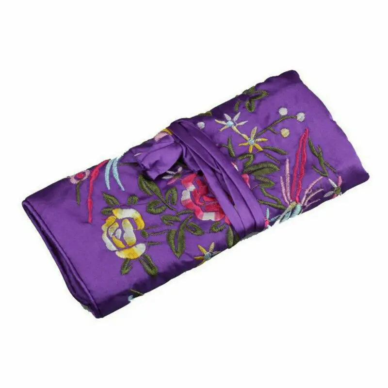 Chinese Vintage Silk Embroidered Jewelry Gift Roll Pouch Travel Makeup Storage Bag