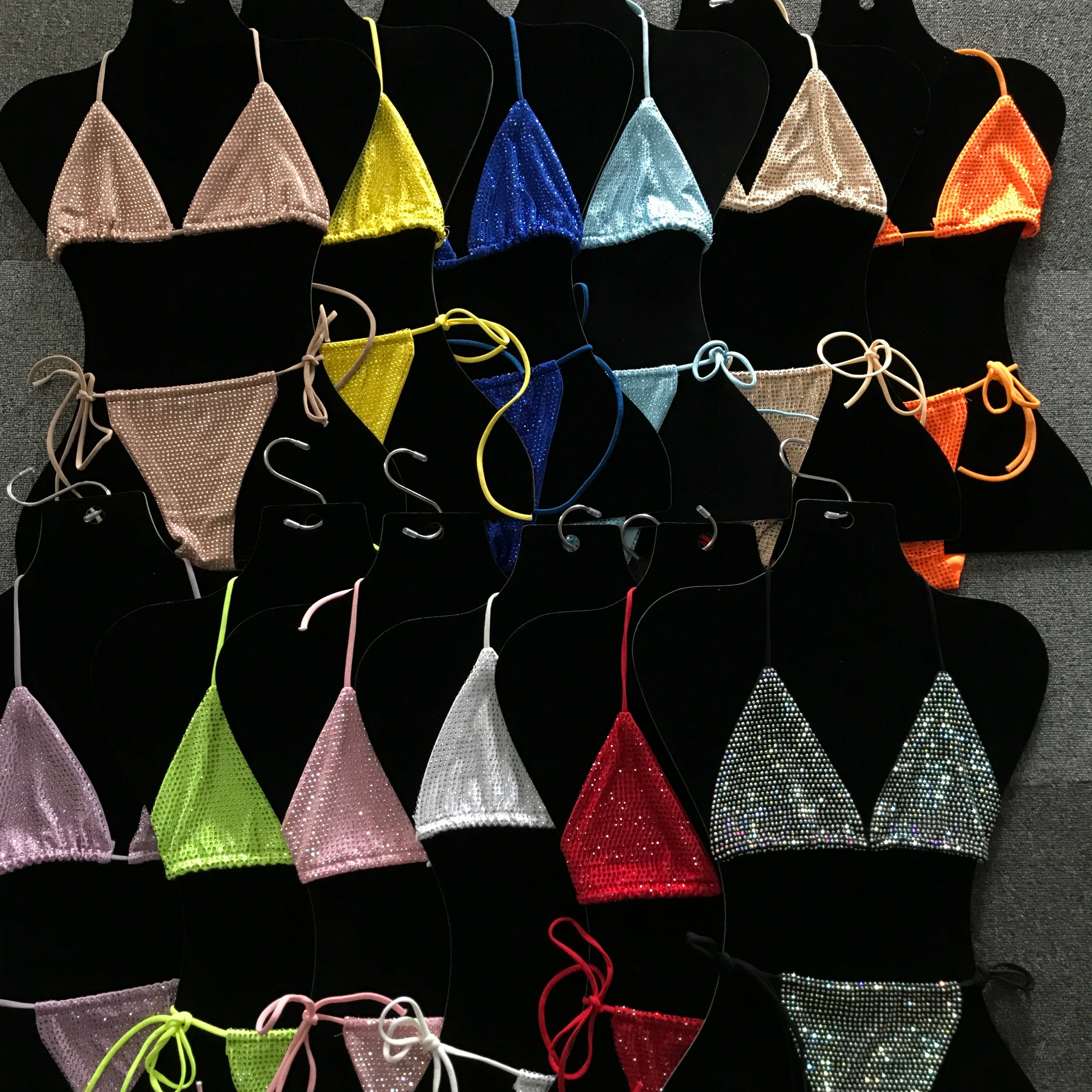 S573 Bling Bling Rhinestone Bikini Women Sparkling Rhinestone Thong Bikini Swimwear Swimsuit Set
