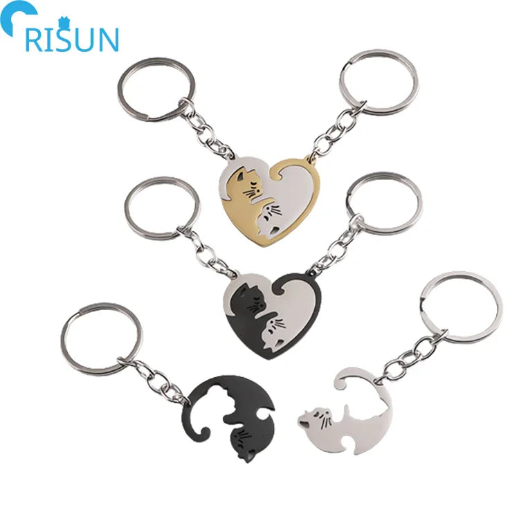 Wholesale Love Cat Keychain Custom Logo Male Female Couple Keychains Waist Hanging Metal Anti-lost Valentine's Day Keyring