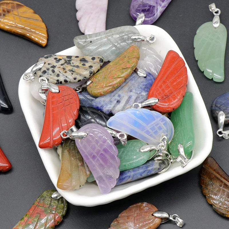 Hot Selling Natural Stone Agate Amethyst Rose Quartz Pendant Angel Wings Pendant Natural Gemstone Pendants