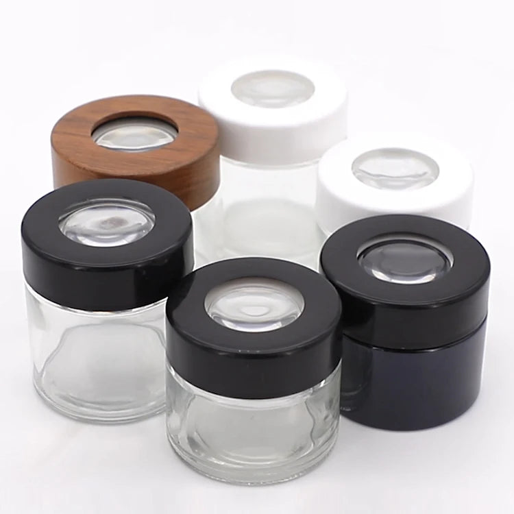 3.5g Glass Jar Child Resistant 2oz 3oz 4oz Glass Flower Bottle Magnifying Cap Stash Jar Magnifying Glass Jar