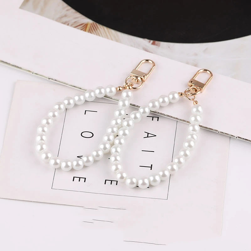 Fashion Pearl Beaded Wristlet Lanyard Key Chain Luxury Key Chain Rings Car Keychains Phone Charm Chain Strap Pendant Accessories