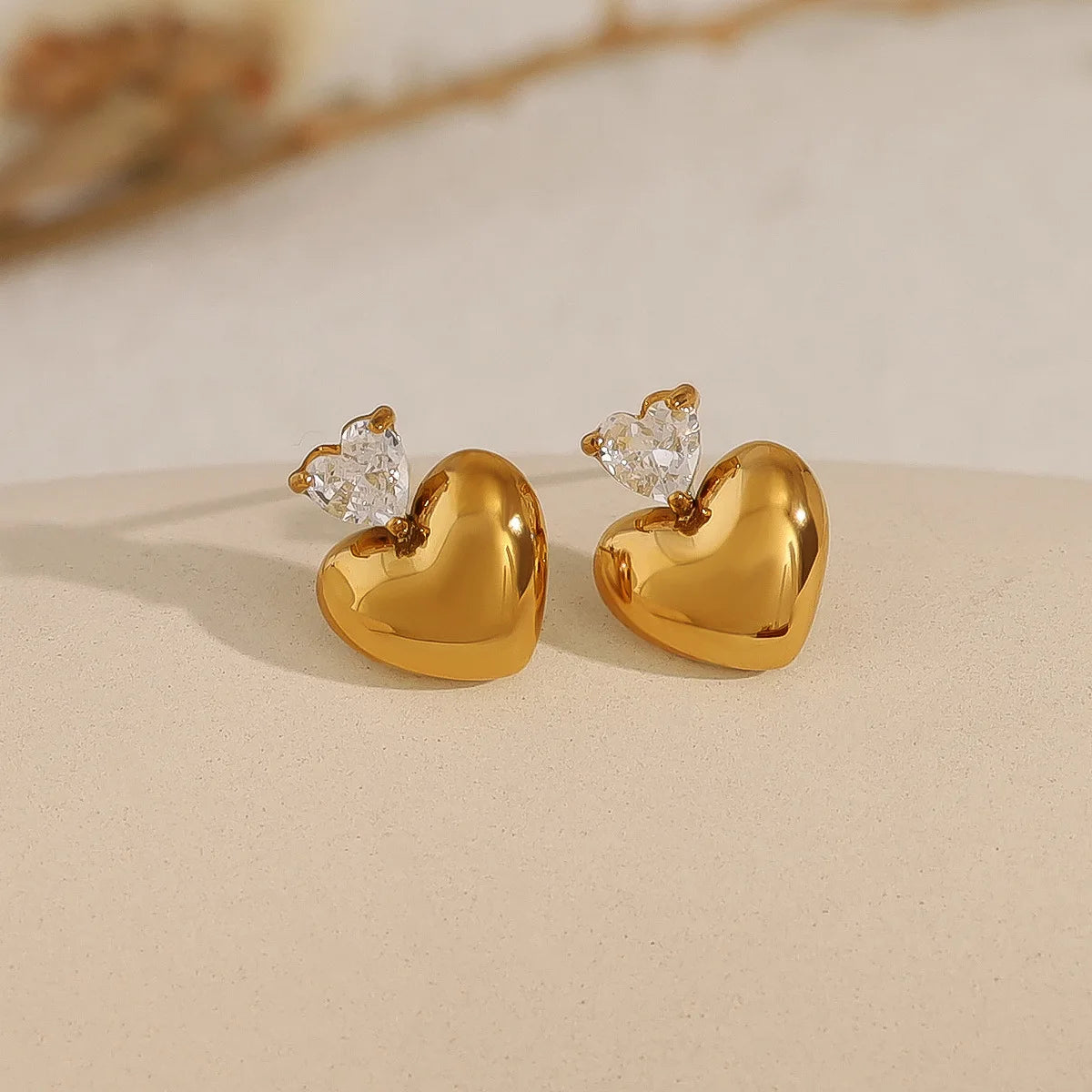 YF6273 Versatile Stainless Steel 18k Gold Plated Double Heart Zircon Women Waterproof Earrings Non Tarnish