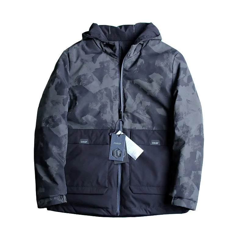 Men's Vintage Reversible Eco-Friendly Puffer Jackets Winter Hooded Stand Collar Laminated Fleece-Filled Camouflage Front Logo
