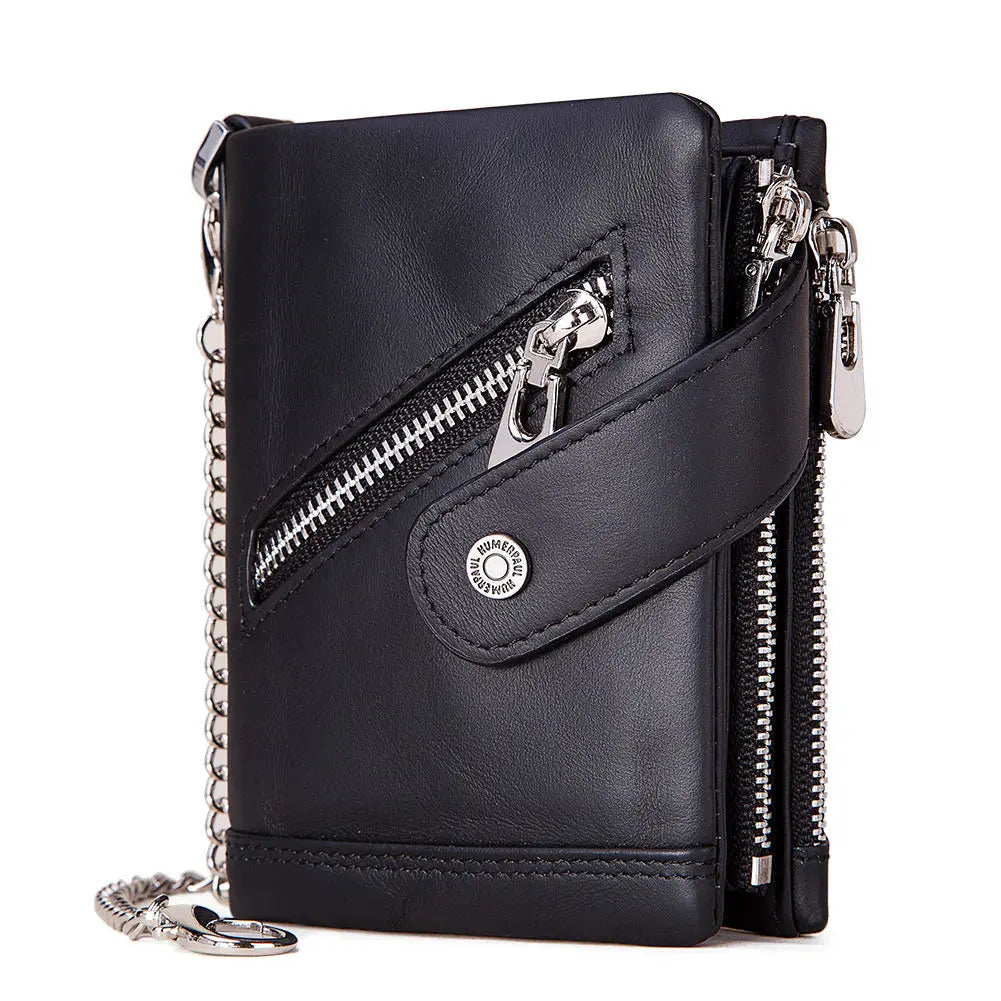 2023 Hot Sale Vintage Bifold Crazy Horse Cowhide Leather Chain Luxury Purse Real Leather Wallets RFID Gents Mens Slim Wallet
