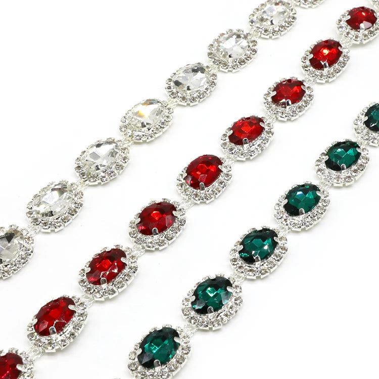 Silver Plated Colorful Rhinestone Trimming Oval Glass Crystal Bridal Chain for Dress Shoes Bags Wholesale