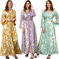 New Trend Muslim Gold Stamping Luxury Abaya Lanna Long Sleeve S-XXL Euramerican Blooming Patch Lehenga Choli Chiffon Evening