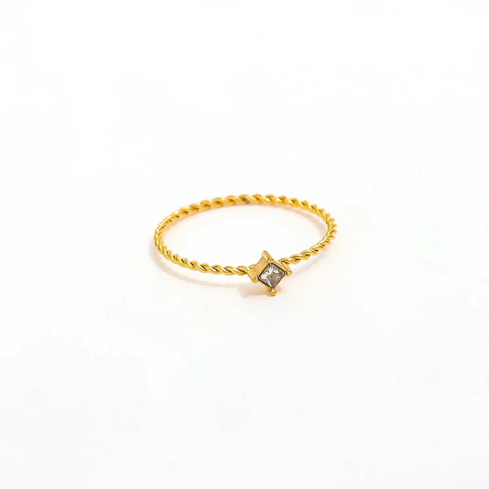 High End 18K Plain Gold Rope Square Zirconia Dainty Ring Stainless Steel Trendy Simple Gold Plated Jewelry