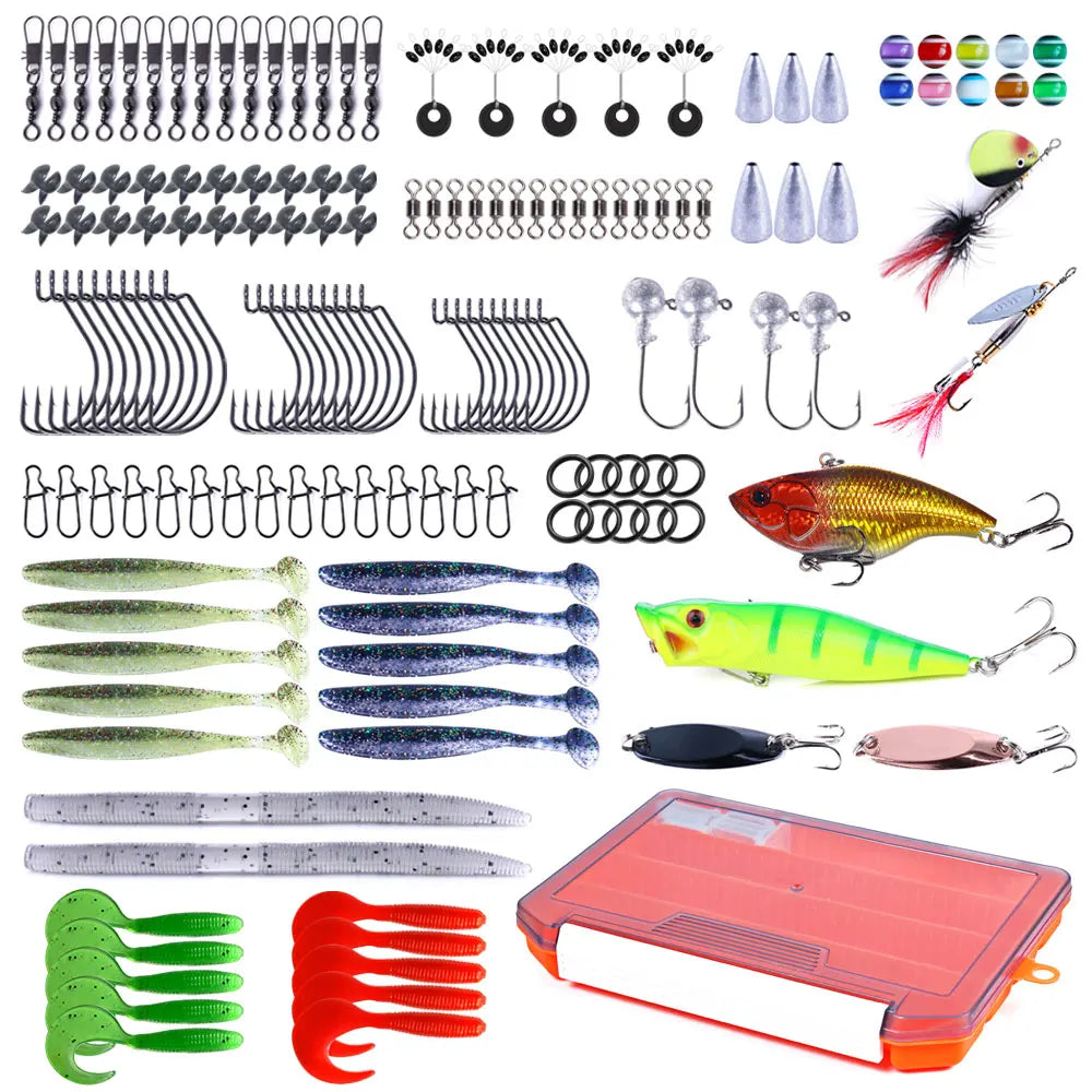 Wholesale Box159 Combo 158pcs/box Mixed Hard Soft Baits Lures Hooks Sinker Swivels All-in-one Fishing Kit Set with Tackle Box