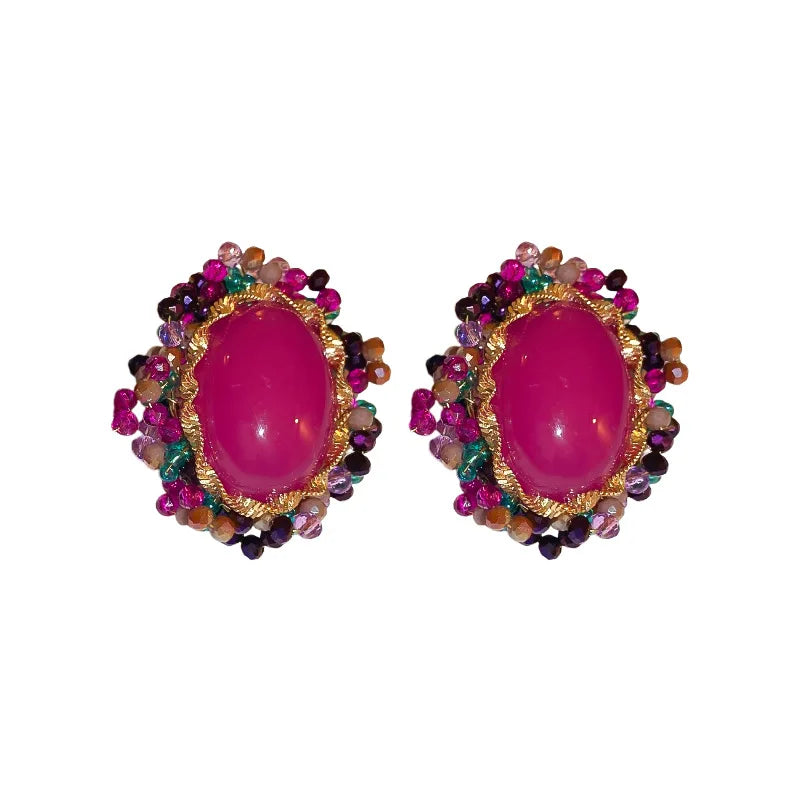 Vintage Retro Diamond Earrings Silver Needle Purple Red Statement Earrings Crystal Beads Round Stud Earrings for Woman Gift
