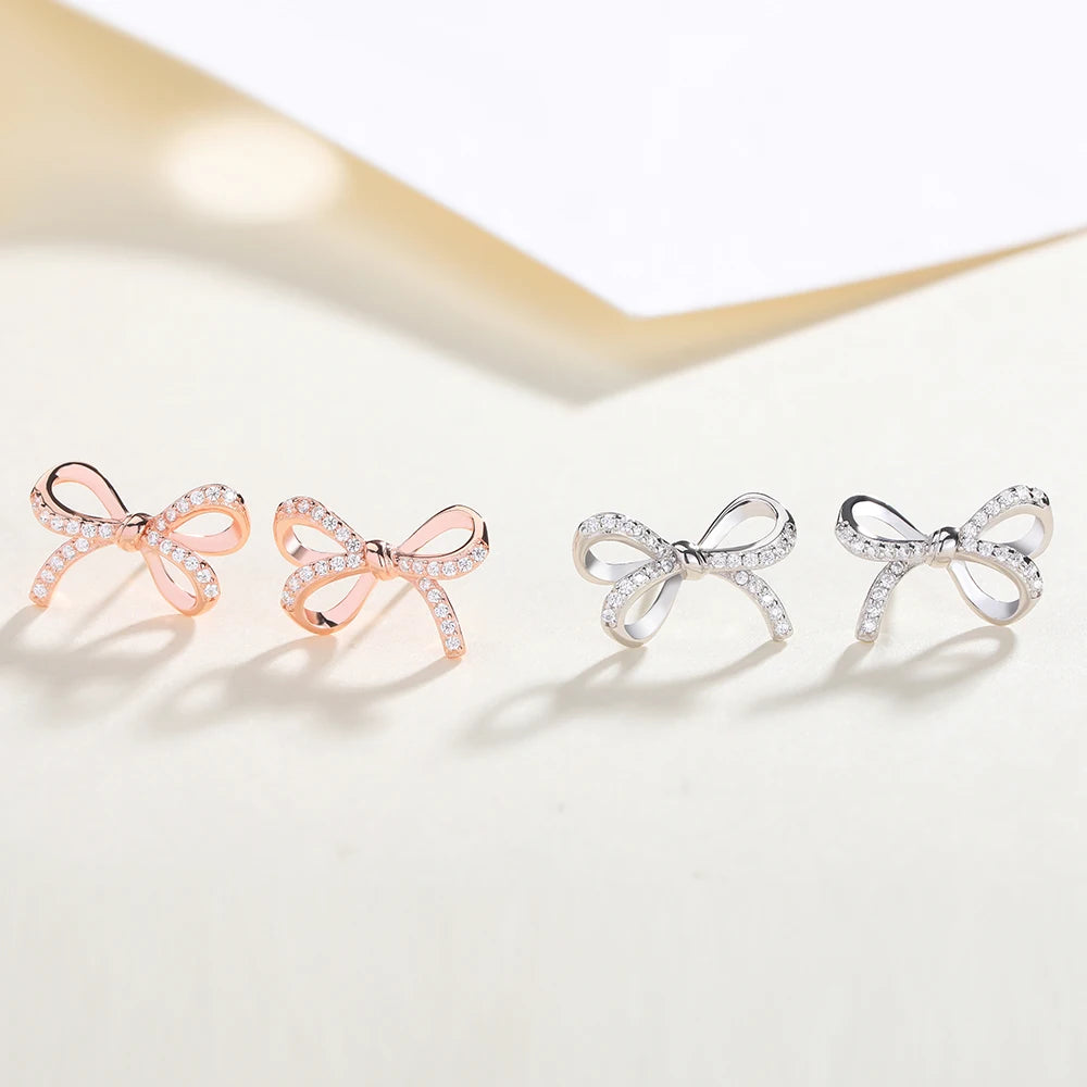 ZHILIAN 2025 Luxury Women's 925 Sterling Silver Bow Knot Shaped Stud Earrings Zircon Trendy for Parties Anniversaries Gifts