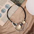 Gold Silver Tone Geometric Pendant Black Leather Short Choker Necklace for Girls