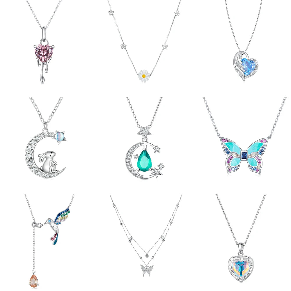 Jiangyuan Wholesale 925 Sterling Silver Jewelry butterfly Bunny Daisy Fantastic Heart Glass Star and Moon Women Necklace MegaBDM