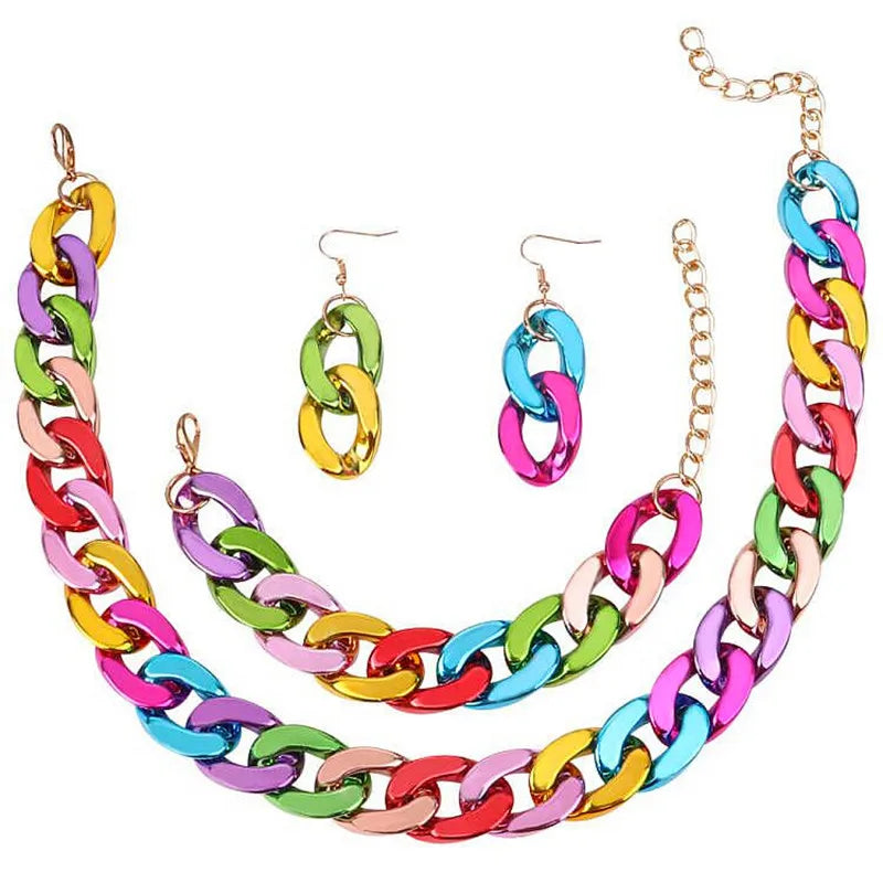 Colorful Bright Temperament Woman Personality Jewelry Set-Link Chain Necklace Earrings Bracelet for Anniversary Occasions