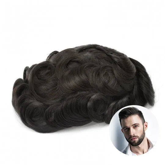 0.05mm Knot Men's Natural Wave Remy Indian Human Hair Full PU Base Toupee Hairpiece Replacement System