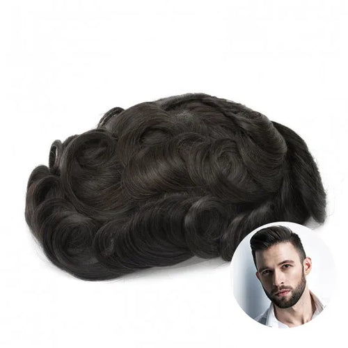 0.05mm Knot Men's Natural Wave Remy Indian Human Hair Full PU Base Toupee Hairpiece Replacement System