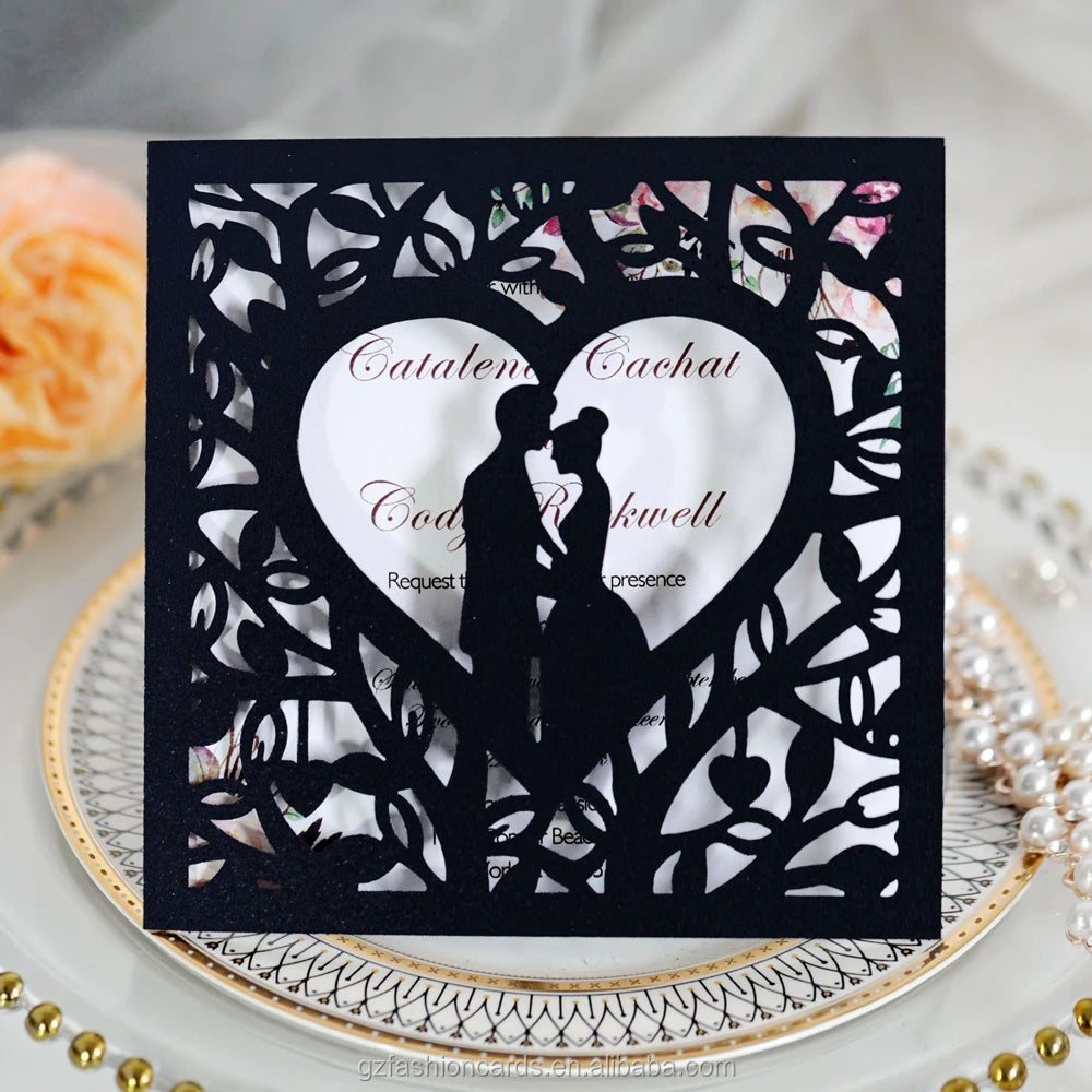 Square Black Laser Cut Wedding Invitation Cards Heart-Shaped Interior Design Elegant Paper Crafts