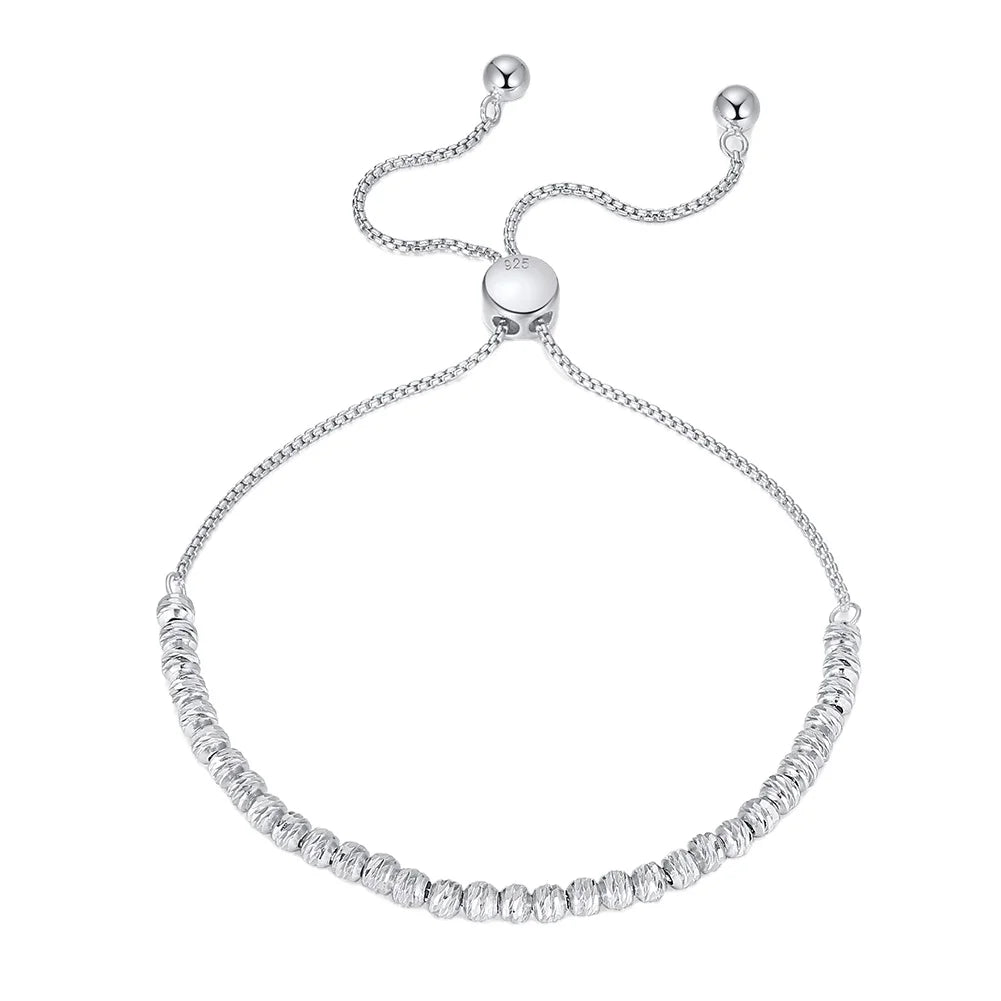 RINNTIN SB125 Handmade 925 Sterling Silver Diamond-Cut Adjustable Bolo 3mm Bead Bracelet for Women Beaded Ball Chain Bracelet
