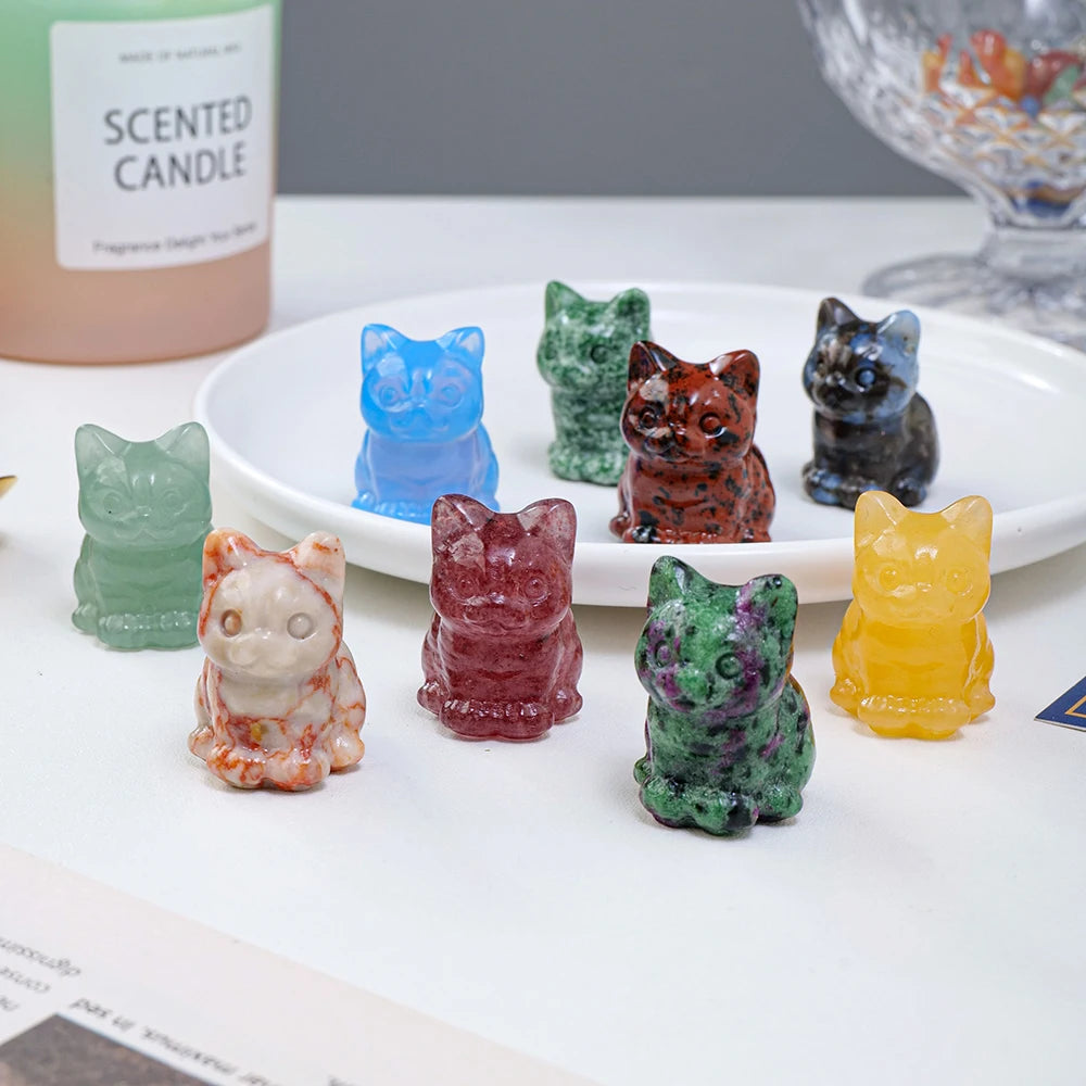 Natural Carved Crystal Fortune Cat Healing Stone Rose Quartz Aventurine Lucky Cat Statue Crystal Crafts