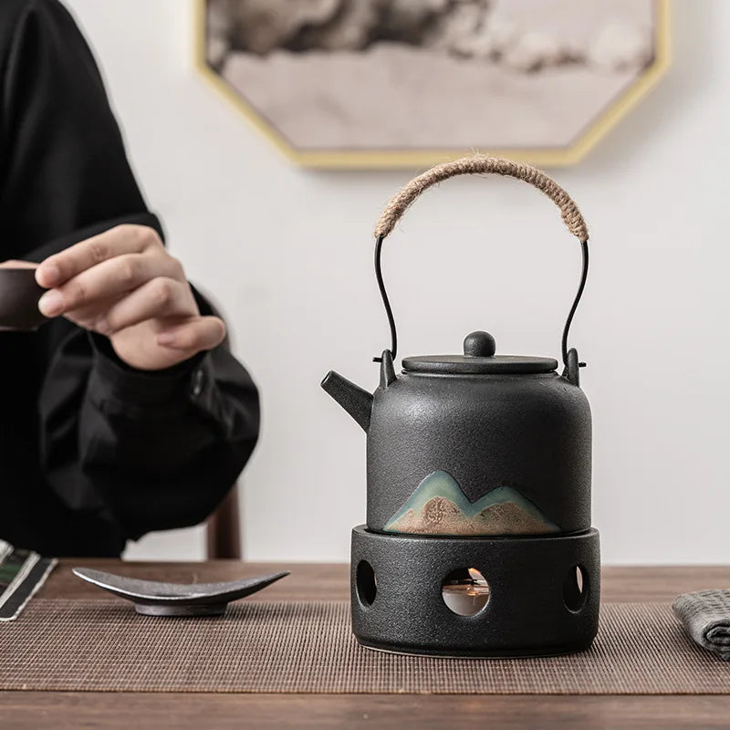 Japanese Style Japandi Ceramic Hand Drawn Warm Tea Stove Set Teapot Coarse Pottery Tea Warmer Kung Fu Tea Candle Heating Base