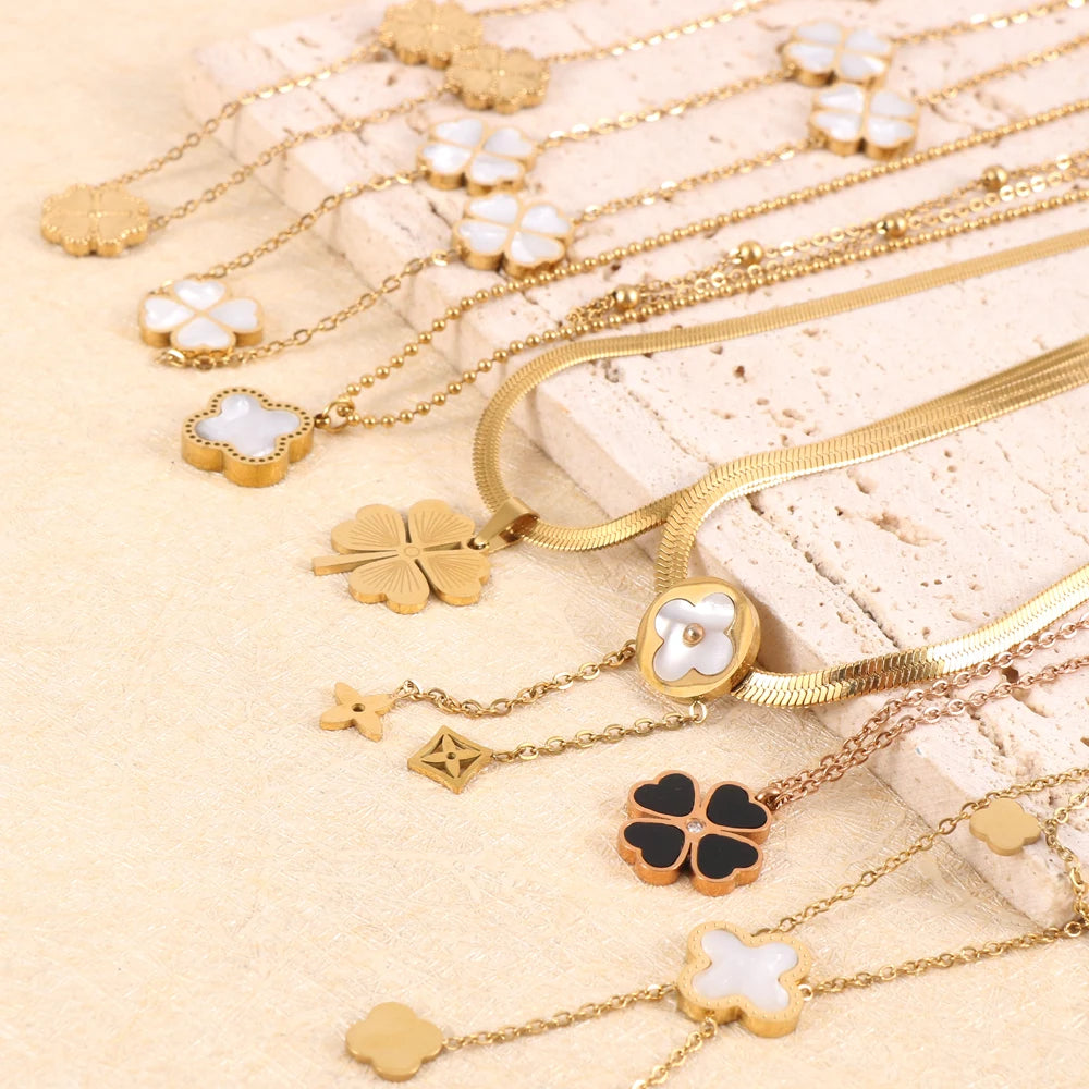 Nabest Stainless Steel Four Leaf Clover Necklace Tarnish Free PVD Gold Plated Shell Rhinestone Clovers Chokers Necklace Jewelry