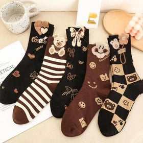 Wholesale Brown Teddy Bear Cartoon Socks Women Casual Cute Novelty Cotton Crew Socks