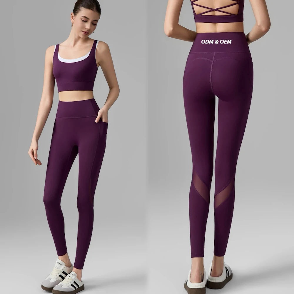 Custom Logo Premium Yoga Leggings With Phone Pockets for Female High Waist Running Tights Fitness Pants with Mesh Panel
