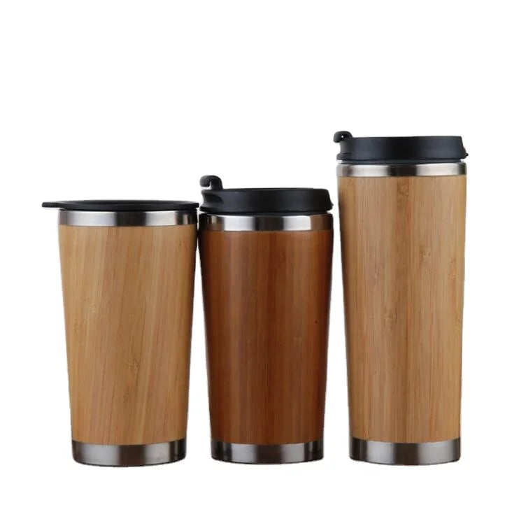 Eco-friendly Bamboo & Stainless Steel Air Pressure Thermos 450ml Large Capacity Portable Coffee Tumbler Back to School Drinkware