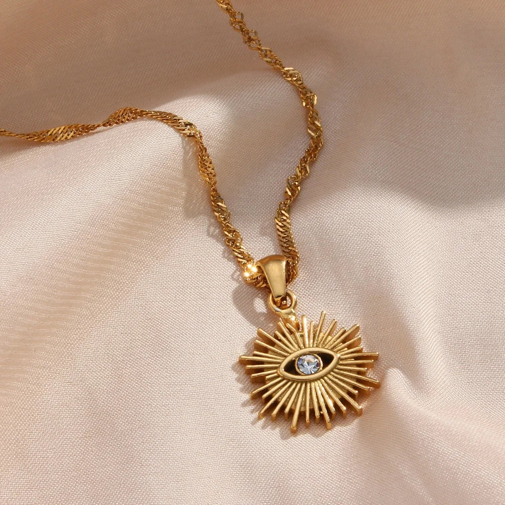 Boho Hollow Evil Eye Necklace Gold Plated Stainless Steel Pendant Necklace for Women Designer Jewelry Statement Necklaces