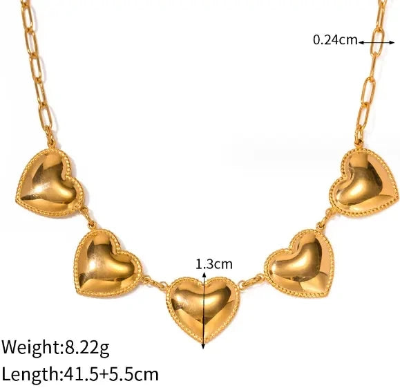 New Fashion Stainless Steel 5 Charm Heart Pendant Necklace 18K Gold Plated Dainty Smooth Link Chain Love Heart Wholesale Factory