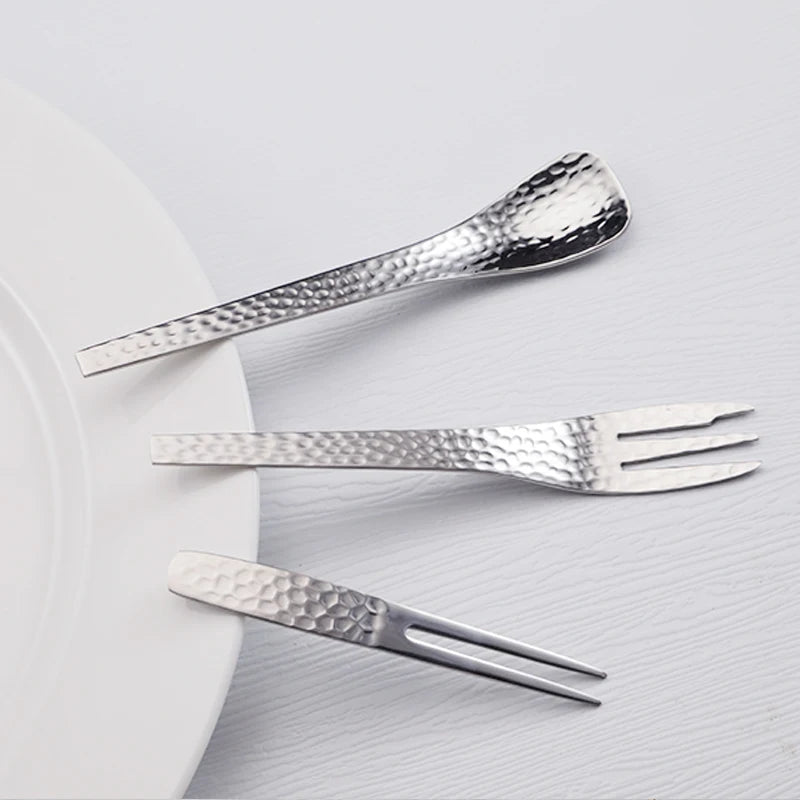 304 Stainless Steel Japanese Hammer Patterned Dessert Coffee Stir Small Spoon Square Spoon Fruit Dessert Fork Flatware