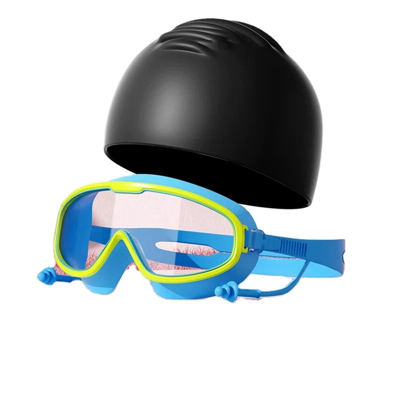 HD Anti-Fog Kids Adult Swimming Goggles & Cap Set Large Frame Diving Goggles with Integrated Earplugs