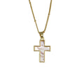 Catholic Religious Jewelry Non Tarnish Gold Plated Stainless Steel Satellite Chain Necklace with White Shell Cross Pendant