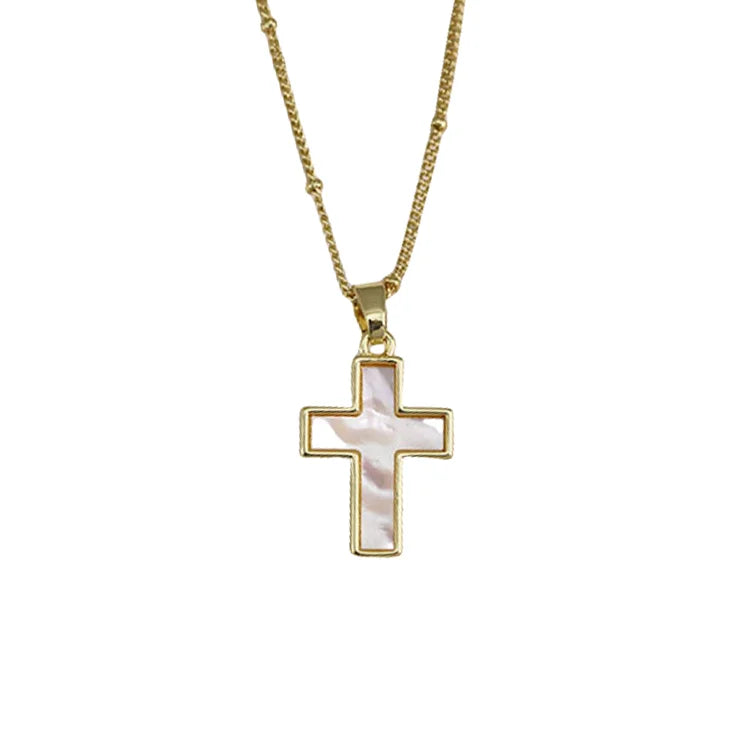 Catholic Religious Jewelry Non Tarnish Gold Plated Stainless Steel Satellite Chain Necklace with White Shell Cross Pendant