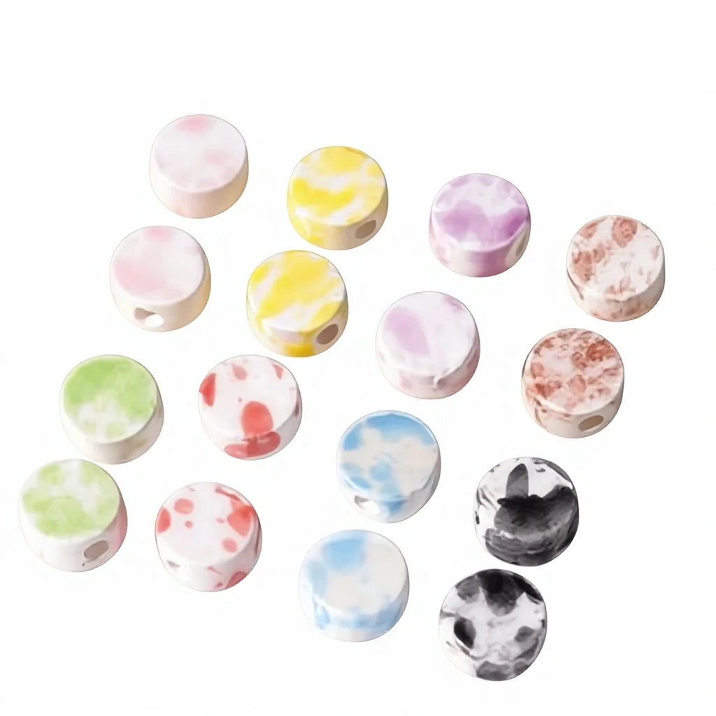 Wholesale Handmade Cream Color Ceramic Flat Round Loose Beads Candy Color Porcelain Roundle Beads for Jewelry Making