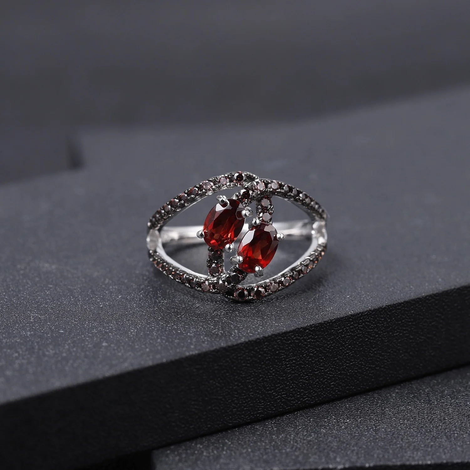 Abiding Natural Red Garnet Nano Smoky Unique Design Engagement Anniversary 925 Sterling Silver Rings for Women Gift